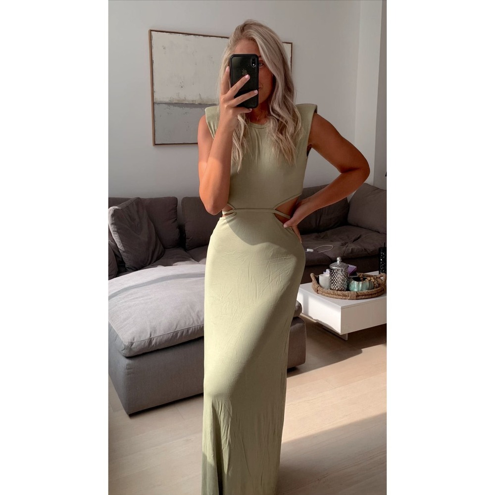 FORE Olive Green Sleeveless Maxi Dress Cutout Shoulder Pads Womens Medium‎